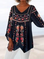 Vintage Print V Neck Long Sleeve Top