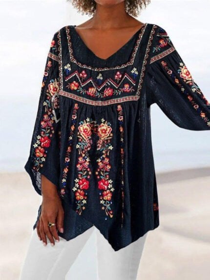 Vintage Print V Neck Long Sleeve Top