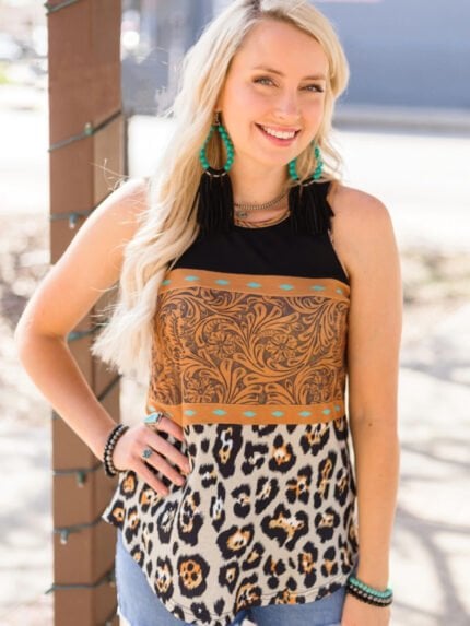 Wholesale Vintage print leopard panelled tank top