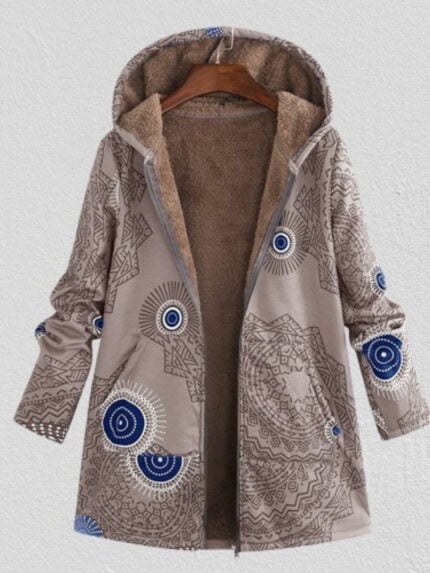 Vintage-print plush hooded jacket