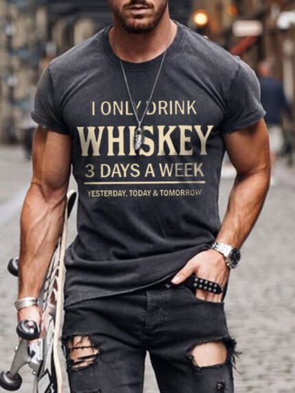 WHISKEY Letter Print Short Sleeve T-Shirt