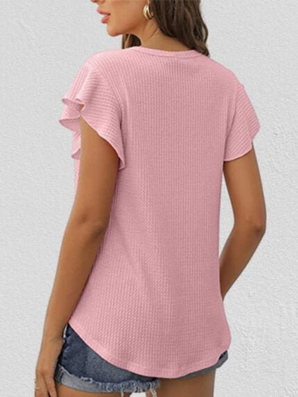 Wholesale Waffle Crew Neck Ruffle Sleeve Top