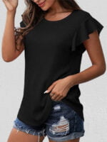 Wholesale Waffle Crew Neck Ruffle Sleeve Top