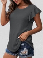 Wholesale Waffle Crew Neck Ruffle Sleeve Top