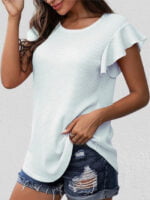 Wholesale Waffle Crew Neck Ruffle Sleeve Top