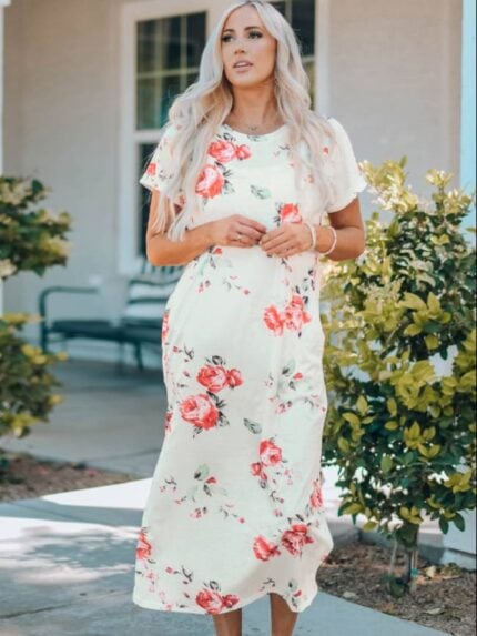 White Floral Print Side Slits T Shirt Dress