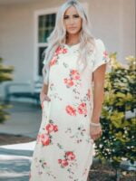 White Floral Print Side Slits T Shirt Dress