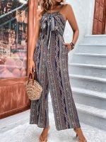 Wholesale Ethnic Print Suspenders Jumpsuit