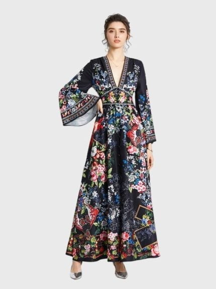 Wholesale Floral V Neck Elegant Maxi Dress