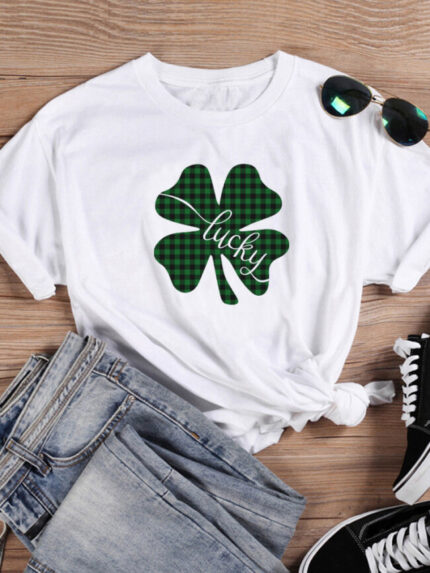 Wholesale Four-leaf clover lucky print loose T-shirt