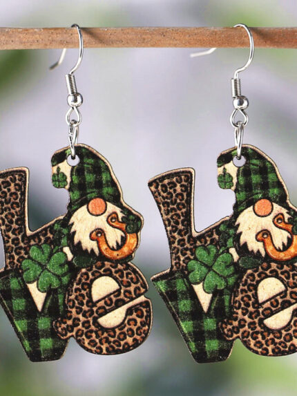 Wholesale Green Clover Gnome wooden Earrings