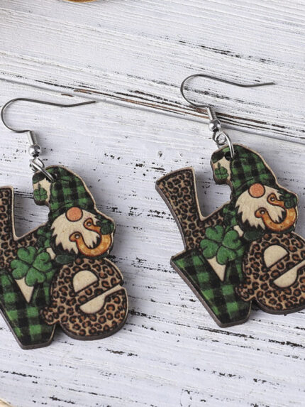 Wholesale Green Clover Gnome wooden Earrings