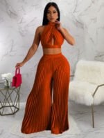 Wholesale Halter Neck Hollow Pleated Two Piece Set