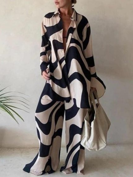 Wholesale Irregular Stripe Print Shirt Two-Piece Set