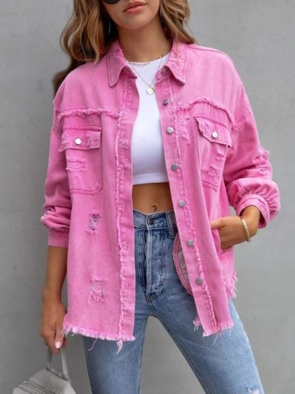 Wholesale Lapel Denim Shredded Panel Jacket