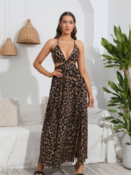 Wholesale Leopard Print V-neck Cutout Slip Dress