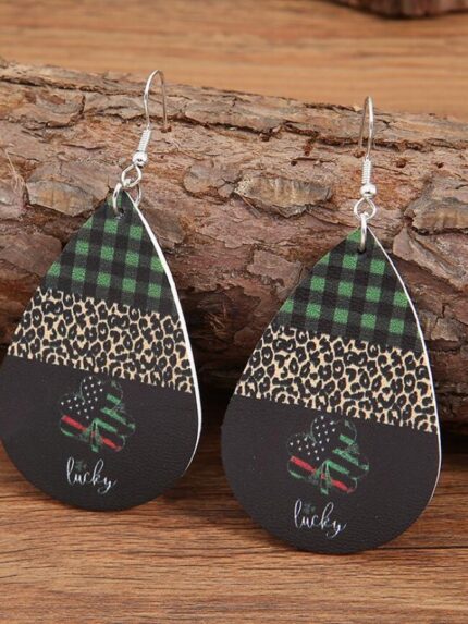 Wholesale Leopard check leather quatrefoil letter earrings