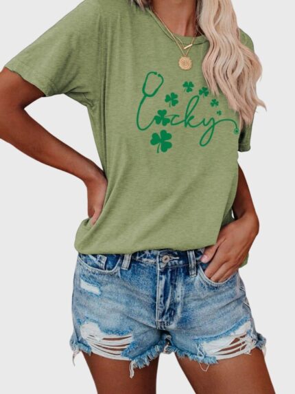 Wholesale Lucky Clover Print Short Sleeved T-Shirt