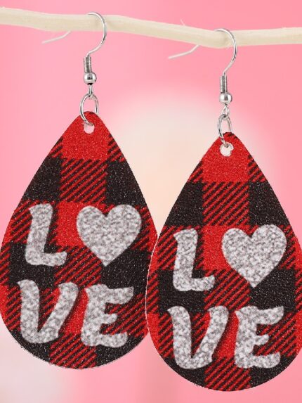 Wholesale Red LOVE Plaid PU Leather Earrings