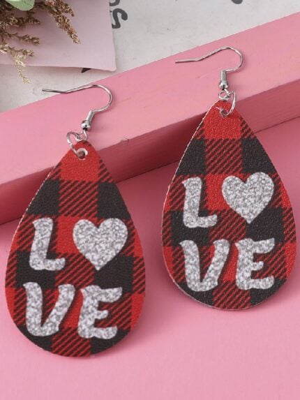 Wholesale Red LOVE Plaid PU Leather Earrings