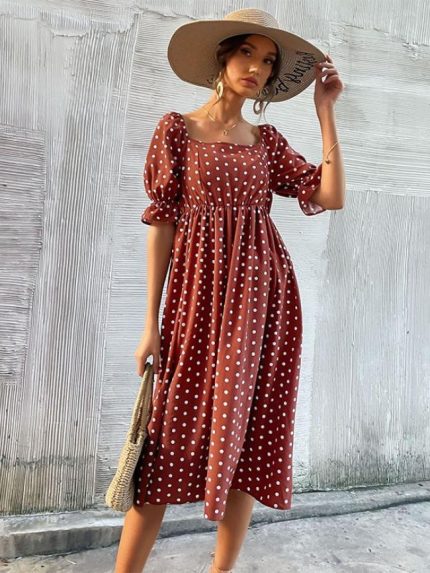 Wholesale Ruffled Polka Dot Square Neck Dress