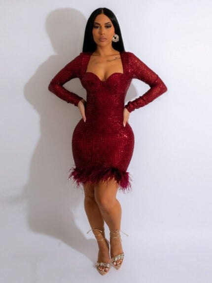 Wholesale Sequin Feather Zip-Up Dress