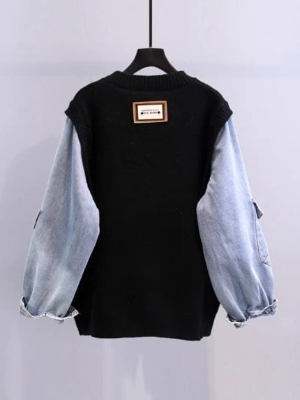 Wholesale Smiley Denim Panel Sweater