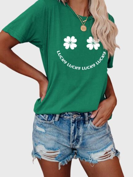 Wholesale Smiling Face Clover Print Short Sleeved T-Shirt