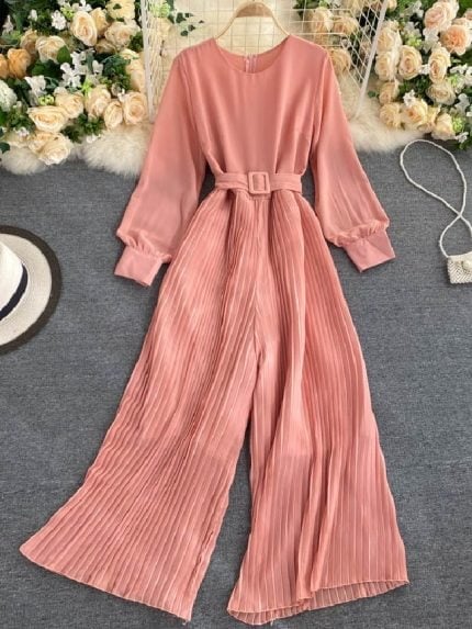 Wholesale Solid Color Crew Neck Pleated Jumpsuit