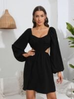 Wholesale Square Neck Puff Sleeve Cutout Dress