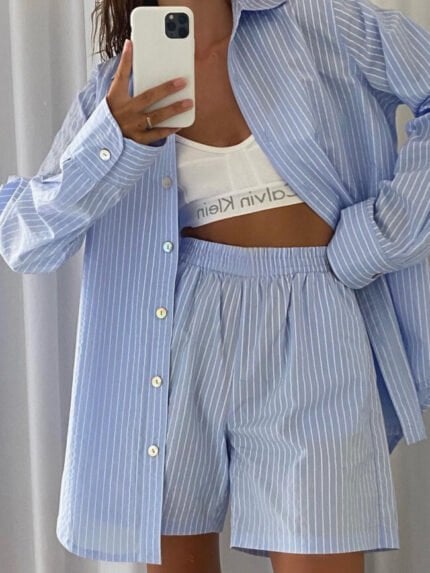 Wholesale Striped Shirt And Shorts Two Piece Set