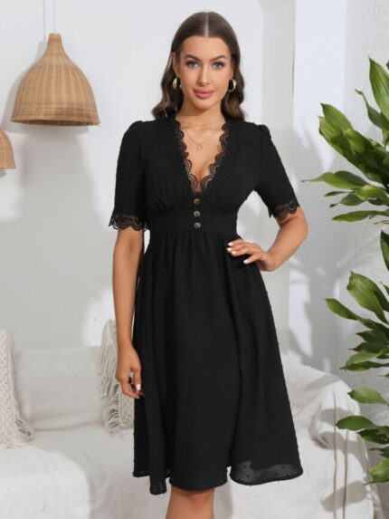 Wholesale V Neck Button Lace Panel Dress