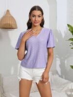 Wholesale V Neck Ruffle Sleeve Cutout T-Shirt