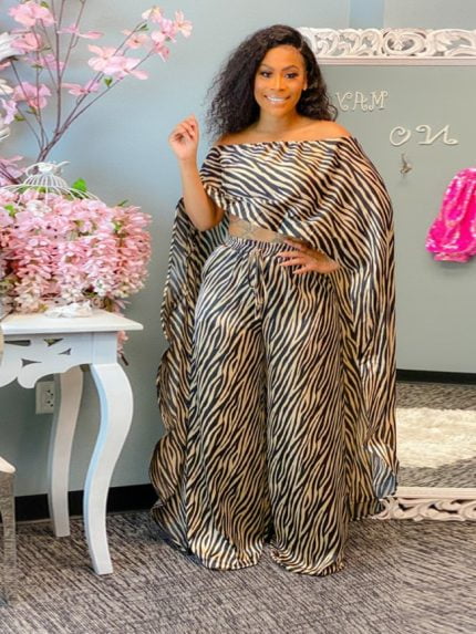 Wholesale Zebra Print Off Shoulder Two Piece Suit