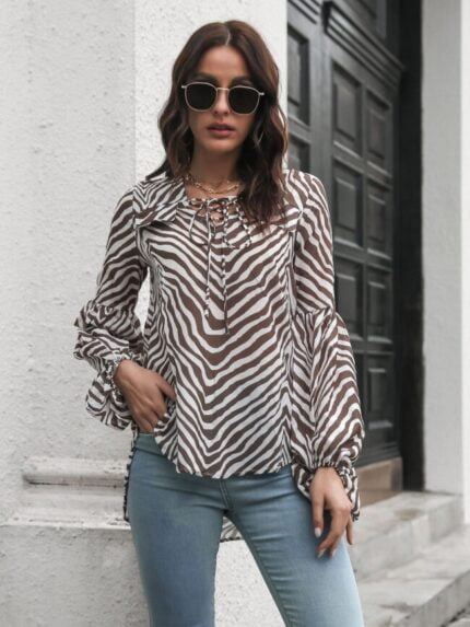 Wholesale Zebra Print V Neck Tie Blouse