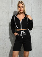 Zip Up Cropped Hoodie And Drawstring Shorts Set