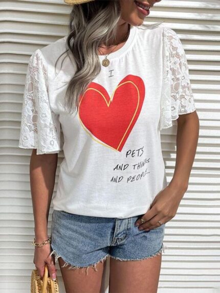 lace-paneled heart-print T-shirt-Wholesale