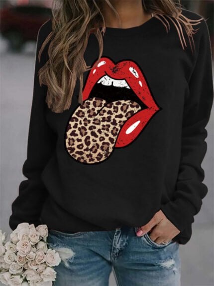 leopard lip print long-sleeve top