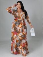 plus printed tie waist long sleeve dress