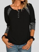 Button Decor Stripe Spliced Top