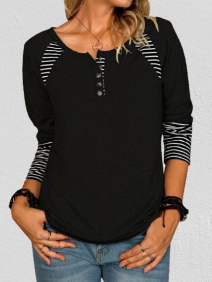 Button Decor Stripe Spliced Top