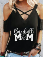 Baseball Mom Print Hollow Shoulder T-shirt