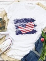 Flag and Heart Print Round Neck Short Sleeve Tee