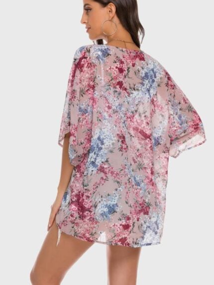 Floral Print Batwing Sleeve Chiffon Kimono