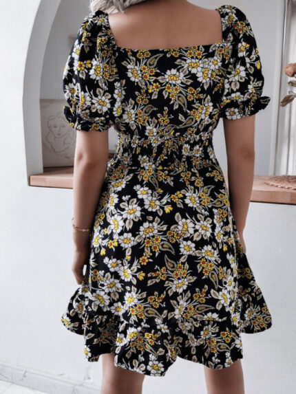 Floral-print ruffled puff-sleeve dress