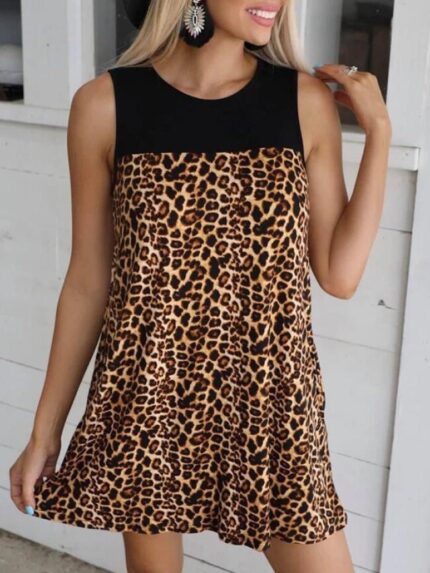 Leopard Panel Pocket Sleeveless Tank Dress