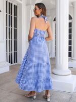 Sexy halterneck plaid print ruffled dress