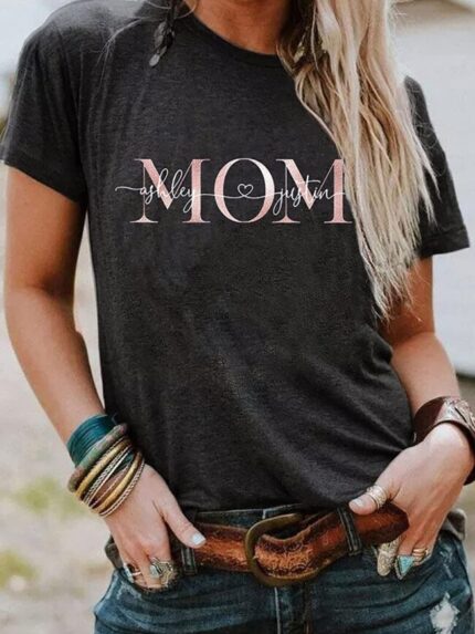 Solid color MOM letter print T-shirt