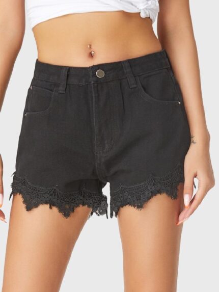 Wholesale Black Lace Hem Panel Denim Shorts