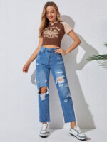 Wholesale Blue Ripped Straight Jeans